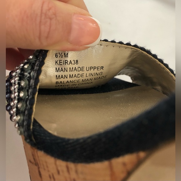NWOB Nine West denim cork chunky heel platform with sequins and beaded accents. - Picture 8 of 14